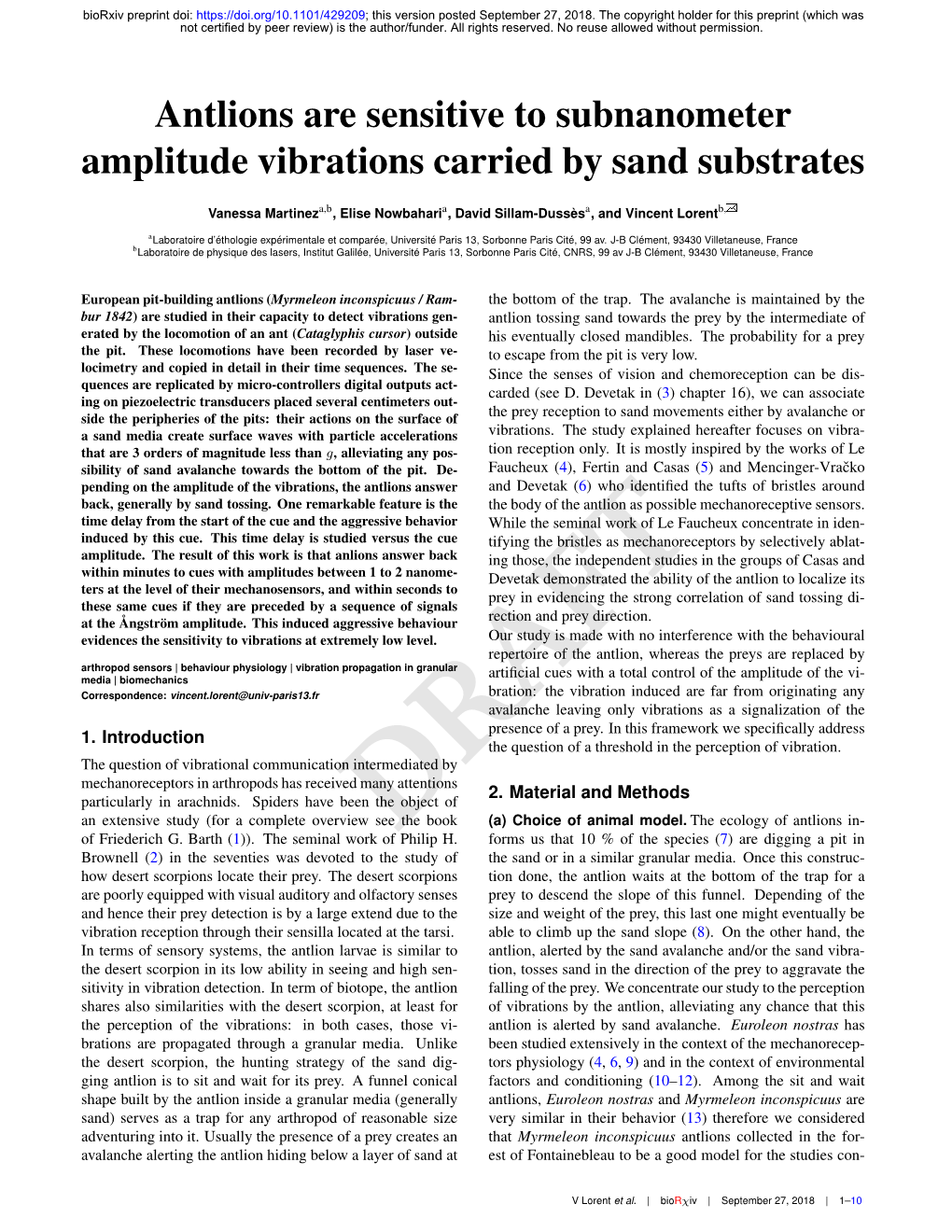 Antlions Are Sensitive to Subnanometer Amplitude Vibrations Carried by Sand Substrates