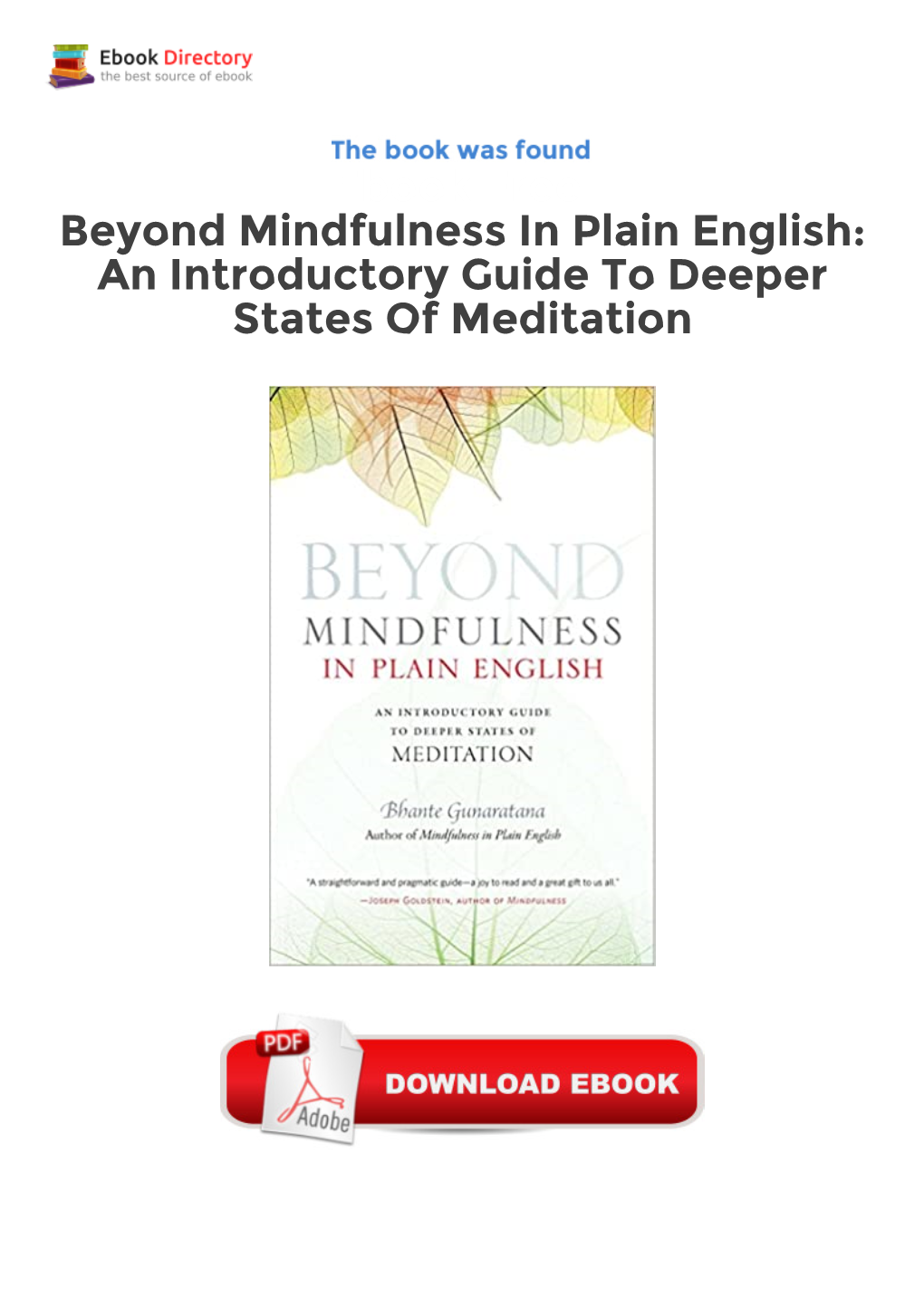 Ebook Free Beyond Mindfulness in Plain English: an Introductory