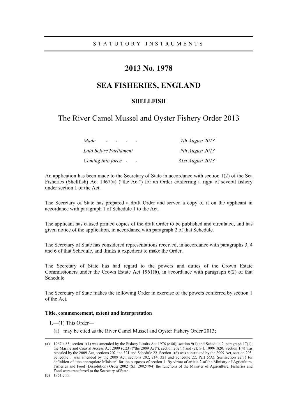 River Camel Mussel and Oyster Fishery Order 2013