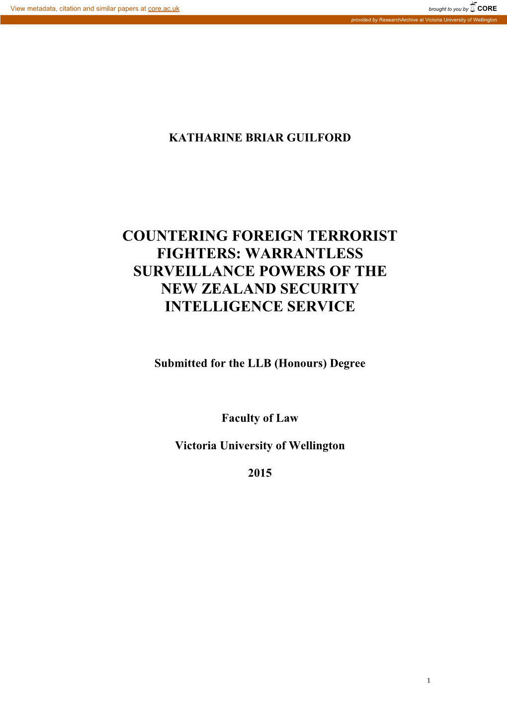 Countering Foreign Terrorist Fighters: Warrantless Surveillance Powers of the New Zealand Security Intelligence Service