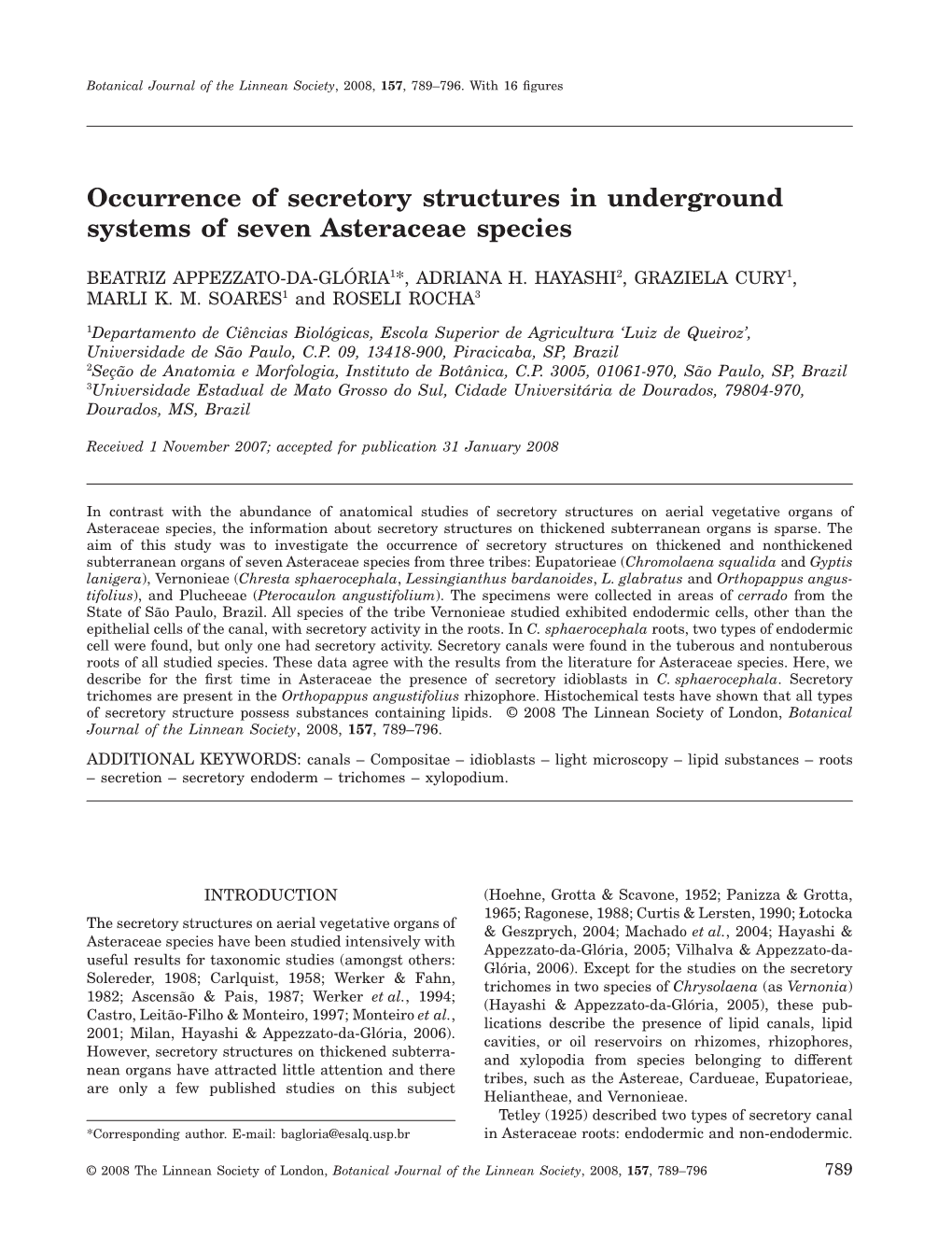 Occurrence of Secretory Structures in Underground Systems of Seven Asteraceae Species