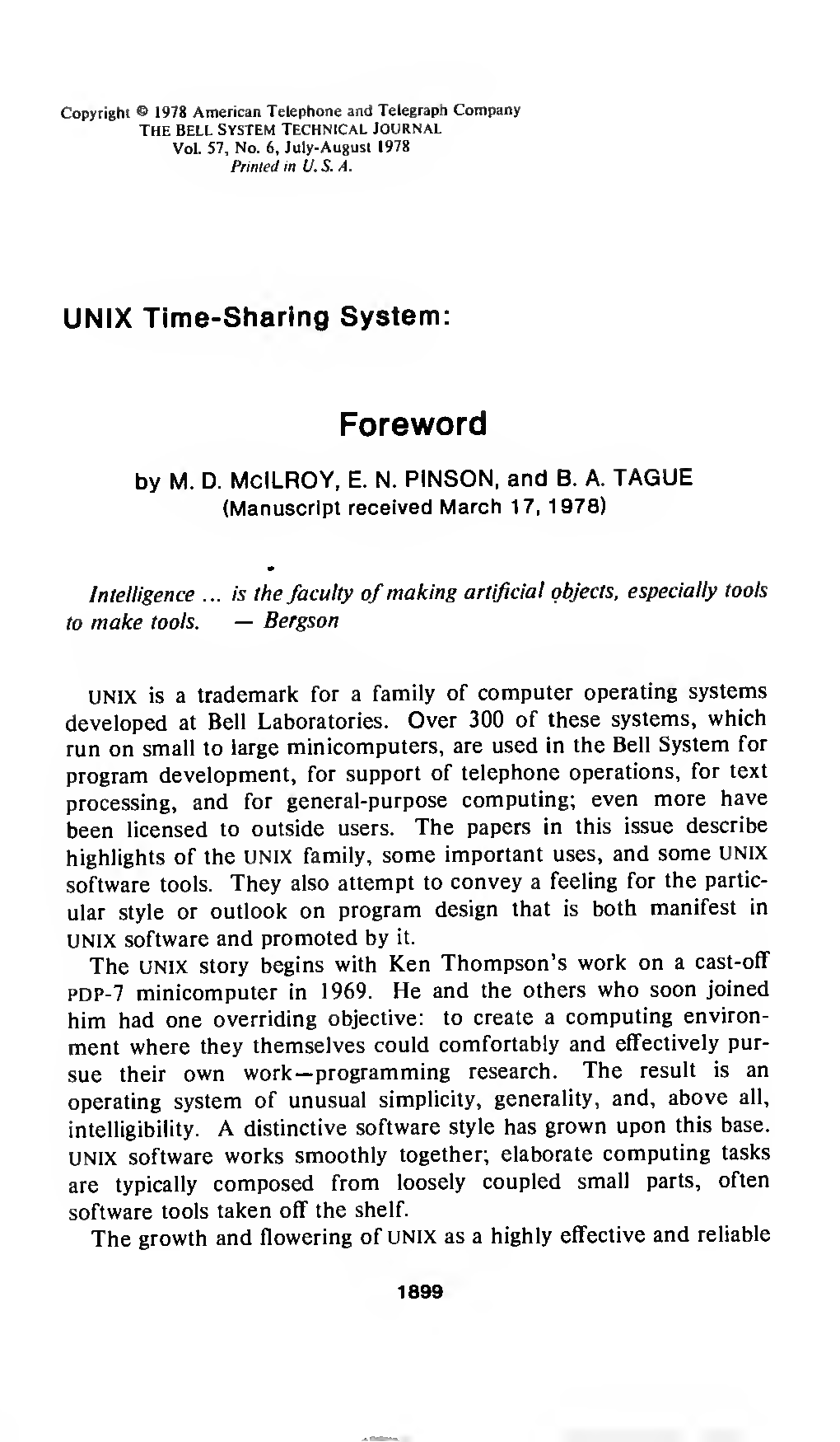 BSTJ 57: 6. July-August 1978: UNIX Time-Sharing System: Forward. (Mcilroy, M.D.; Pinson, E.N.; Tague, B.A.)
