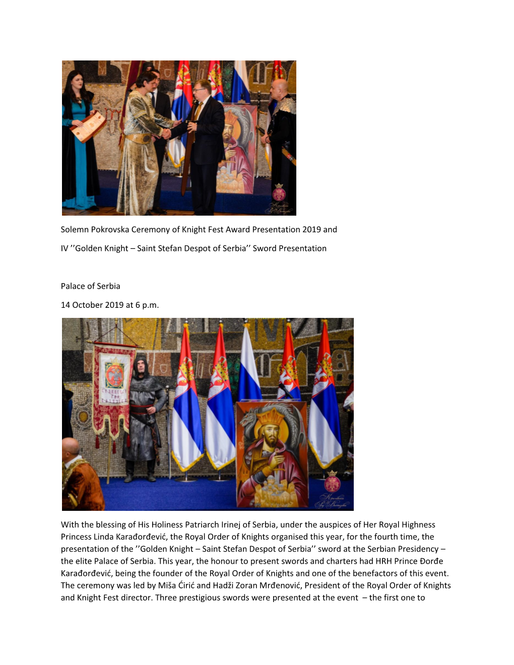 Golden Knight – Saint Stefan Despot of Serbia’’ Sword Presentation