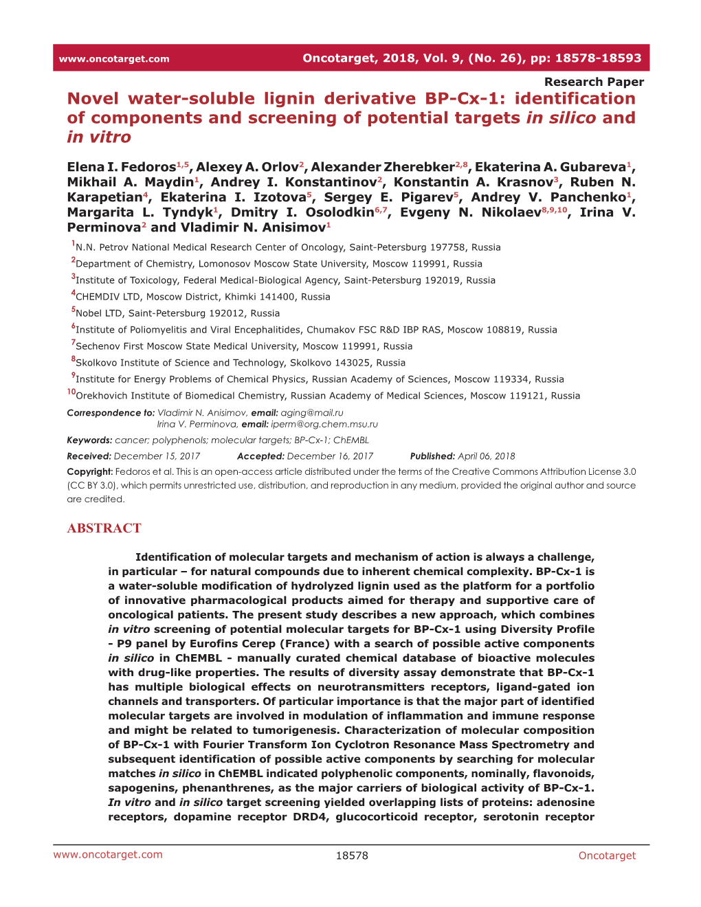 Novel Water-Soluble Lignin Derivative BP-Cx-1: Identification of Components and Screening of Potential Targets in Silico and in Vitro