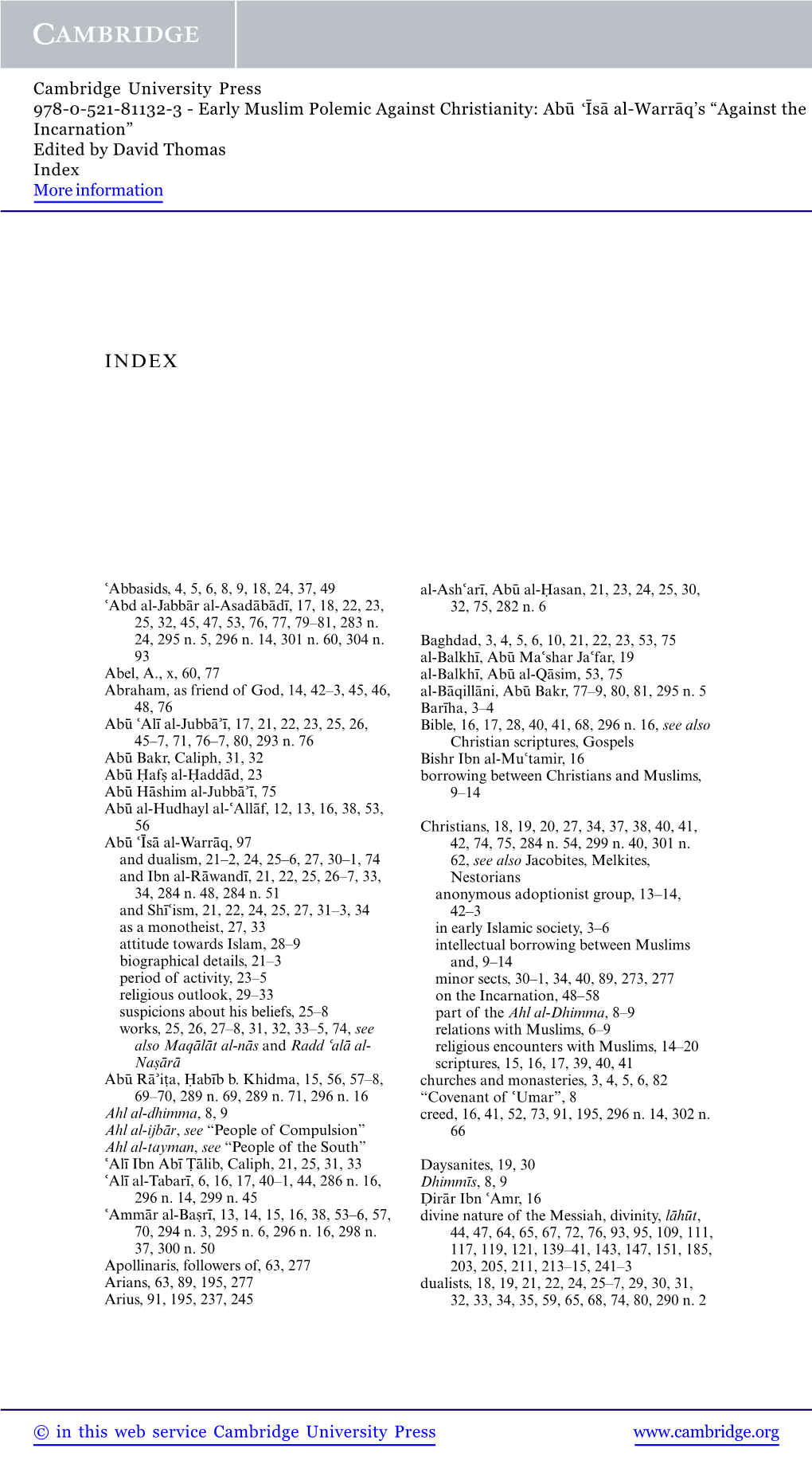 Early Muslim Polemic Against Christianity: Abū Īsā Al-Warrāq’S “Against the Incarnation” Edited by David Thomas Index More Information