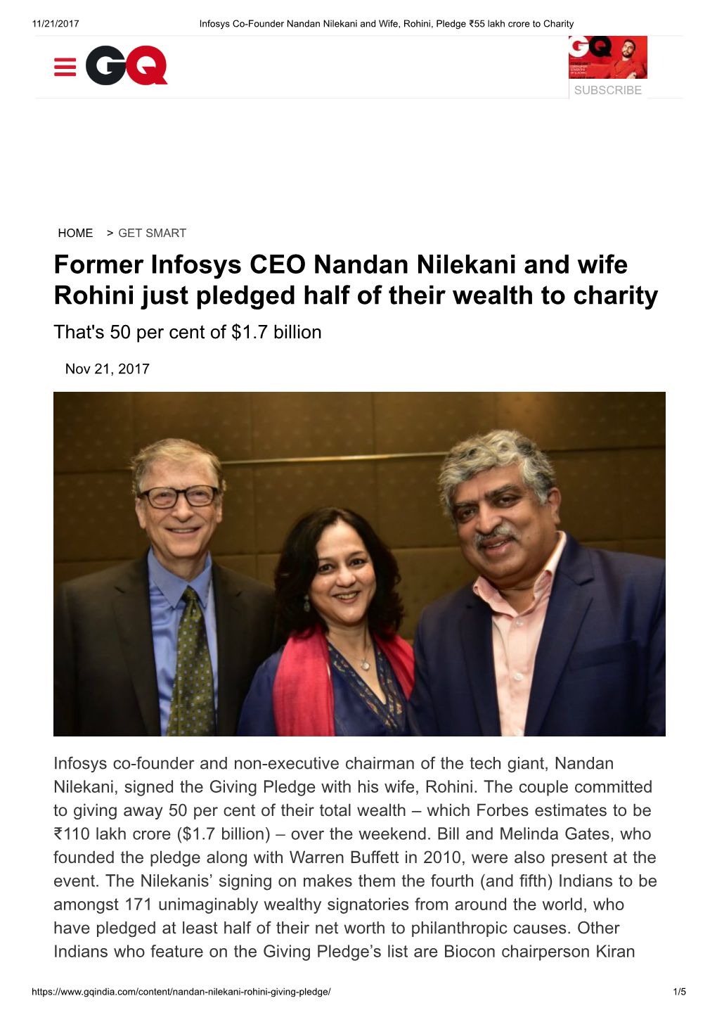 Former Infosys CEO Nandan Nilekani and Wife Rohini Just Pledged Half of Their Wealth to Charity That's 50 Per Cent of $1.7 Billion