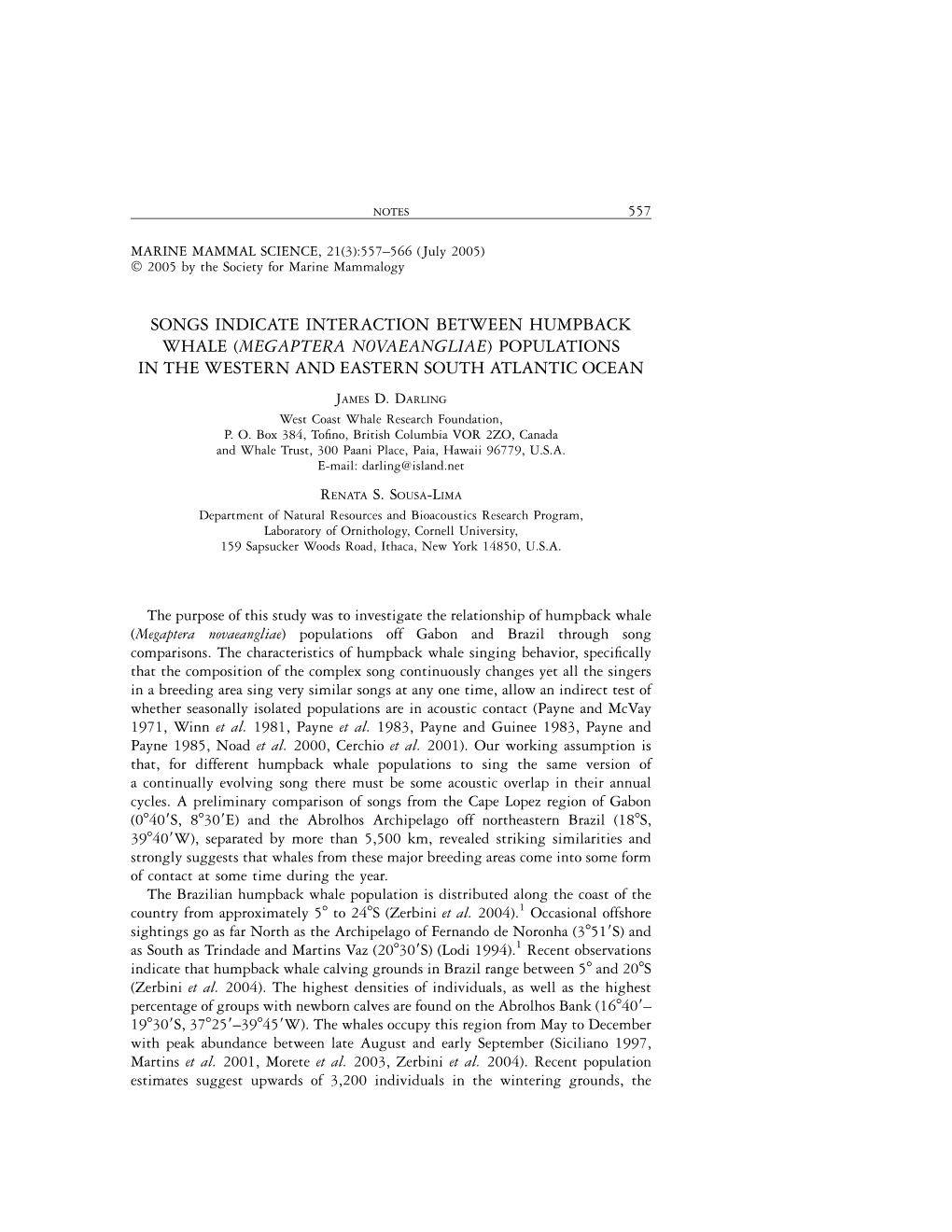 Songs Indicate Interaction Between Humpback Whale (Megaptera Novaeangliae) Populations in the Western and Eastern South Atlantic Ocean