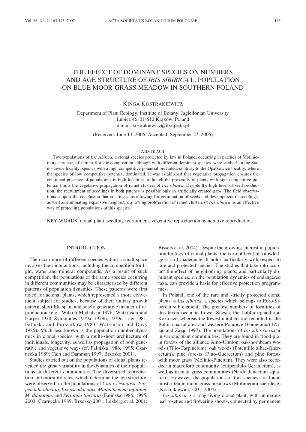 The Effect of Dominant Species on Numbers and Age Structure of Iris Sibirica L