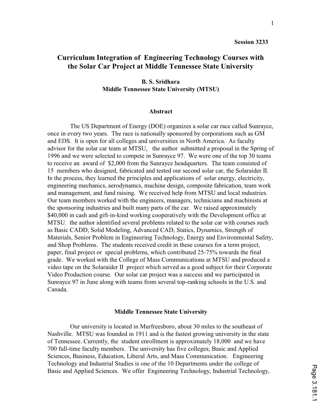 Curriculum Integration of Engineering Technology Courses with the Solar Car Project at Middle Tennessee State University