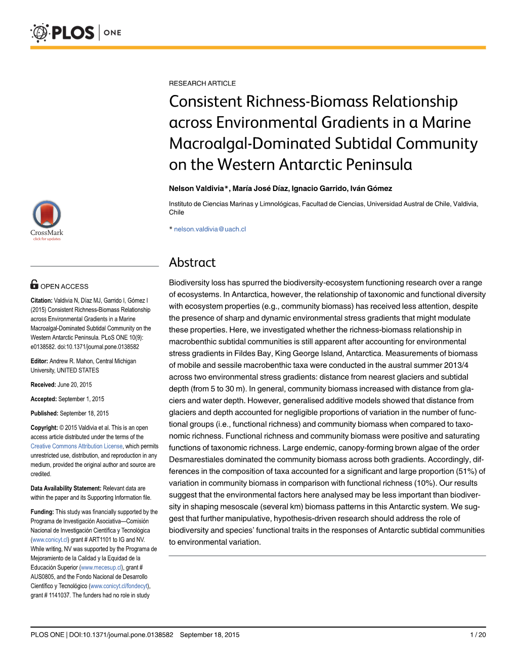 Consistent Richness-Biomass Relationship Across Environmental Gradients in a Marine Macroalgal-Dominated Subtidal Community on the Western Antarctic Peninsula