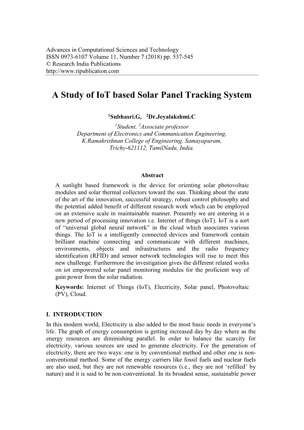 A Study of Iot Based Solar Panel Tracking System
