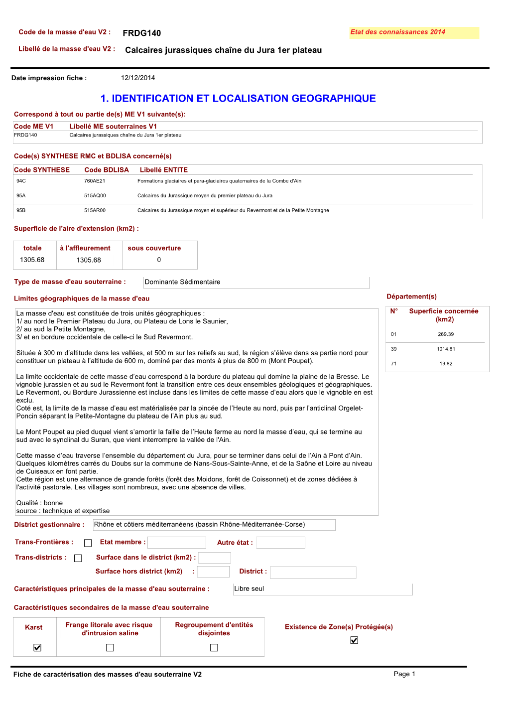 FRDG140 Etat Des Connaissances 2014 Libellé De La Masse D'eau V2 : Calcaires Jurassiques Chaîne Du Jura 1Er Plateau
