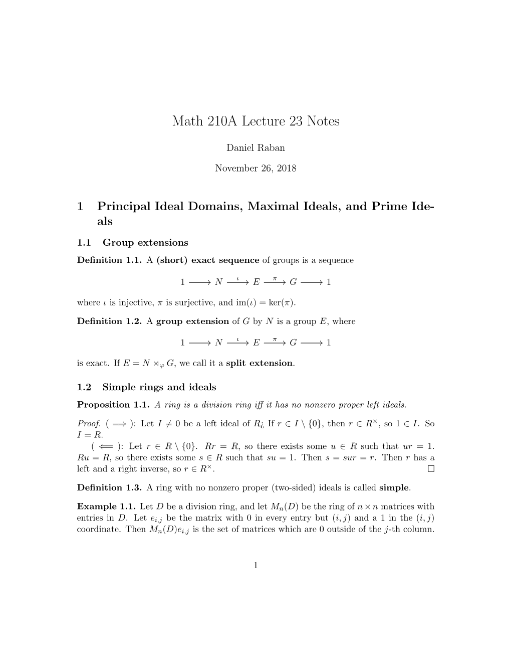 Math 210A Lecture 23 Notes