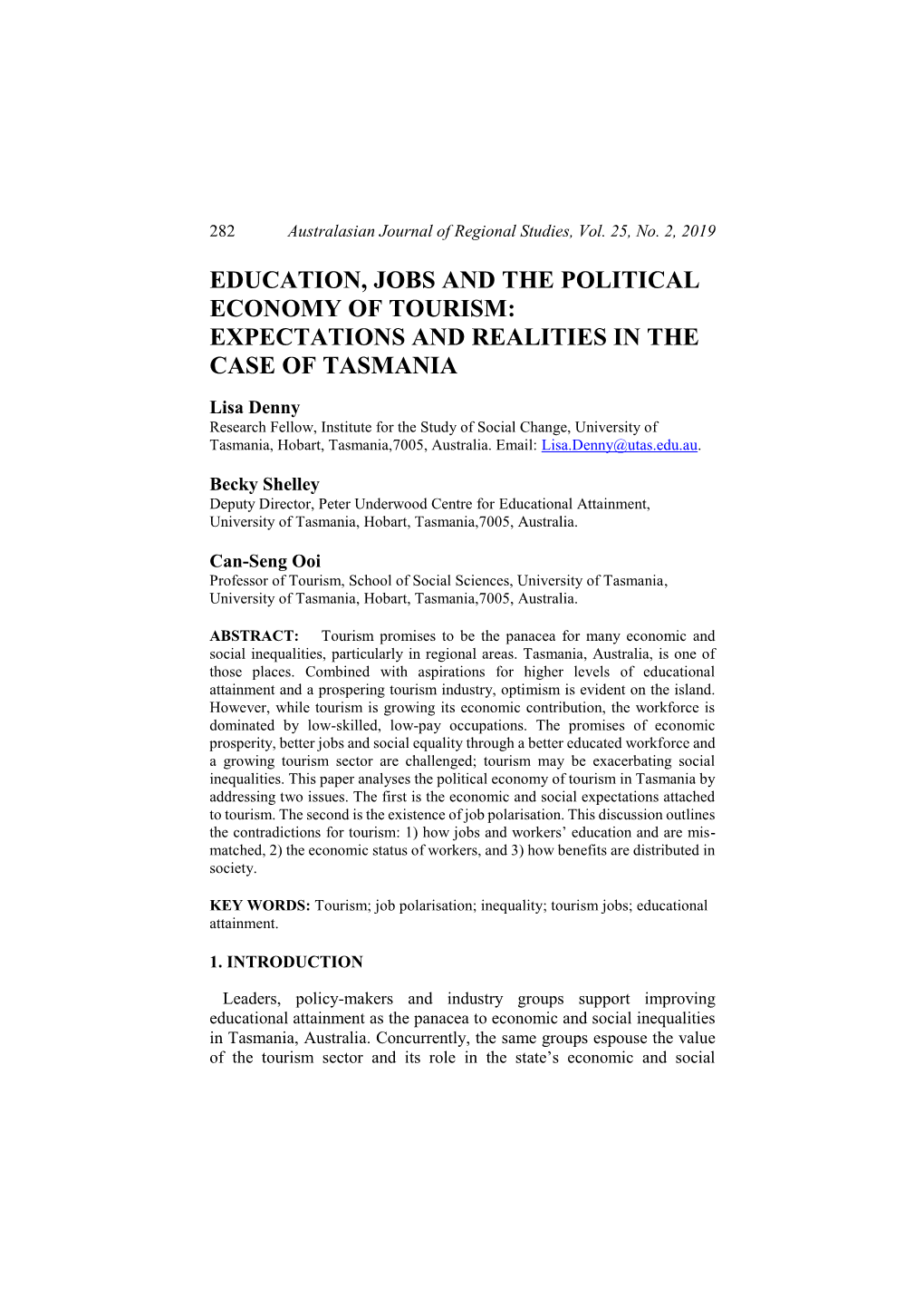 Education, Jobs and the Political Economy of Tourism: Expectations and Realities in the Case of Tasmania