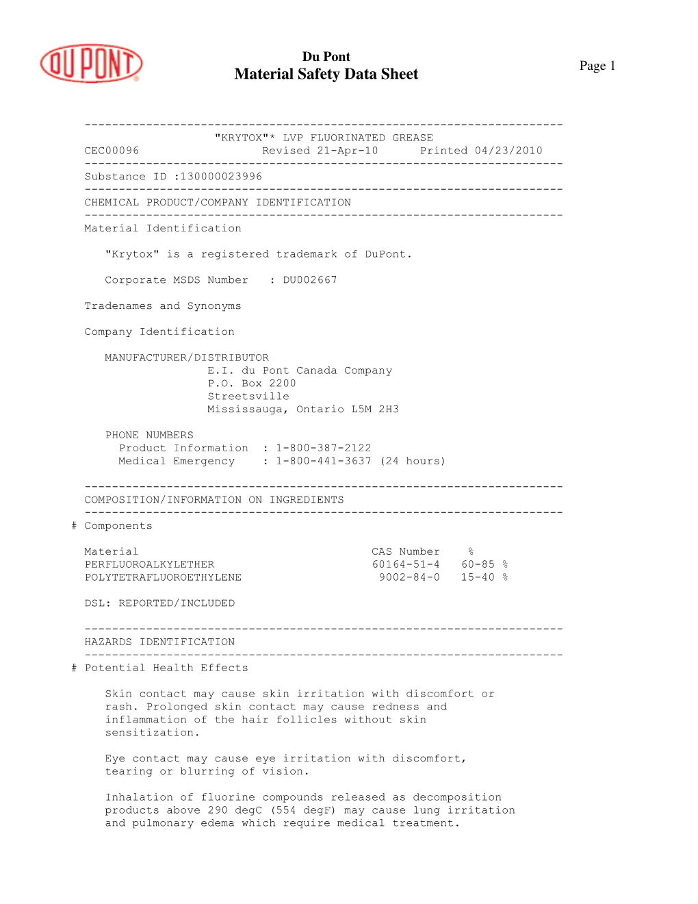 Material Safety Data Sheet