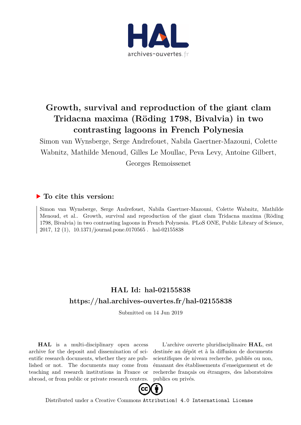 Growth, Survival and Reproduction of the Giant Clam Tridacna Maxima