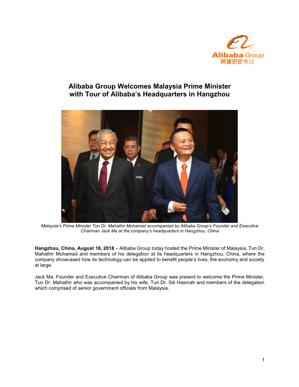 Alibaba Group Welcomes Malaysia Prime Minister with Tour of Alibaba’S Headquarters in Hangzhou