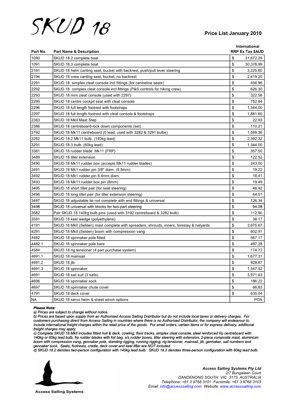 SKUD 18 Price List January 2010