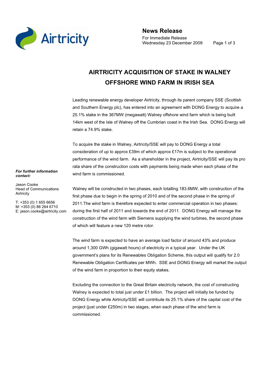 Airtricity Acquisition of Stake in Walney Offshore Wind Farm in Irish Sea