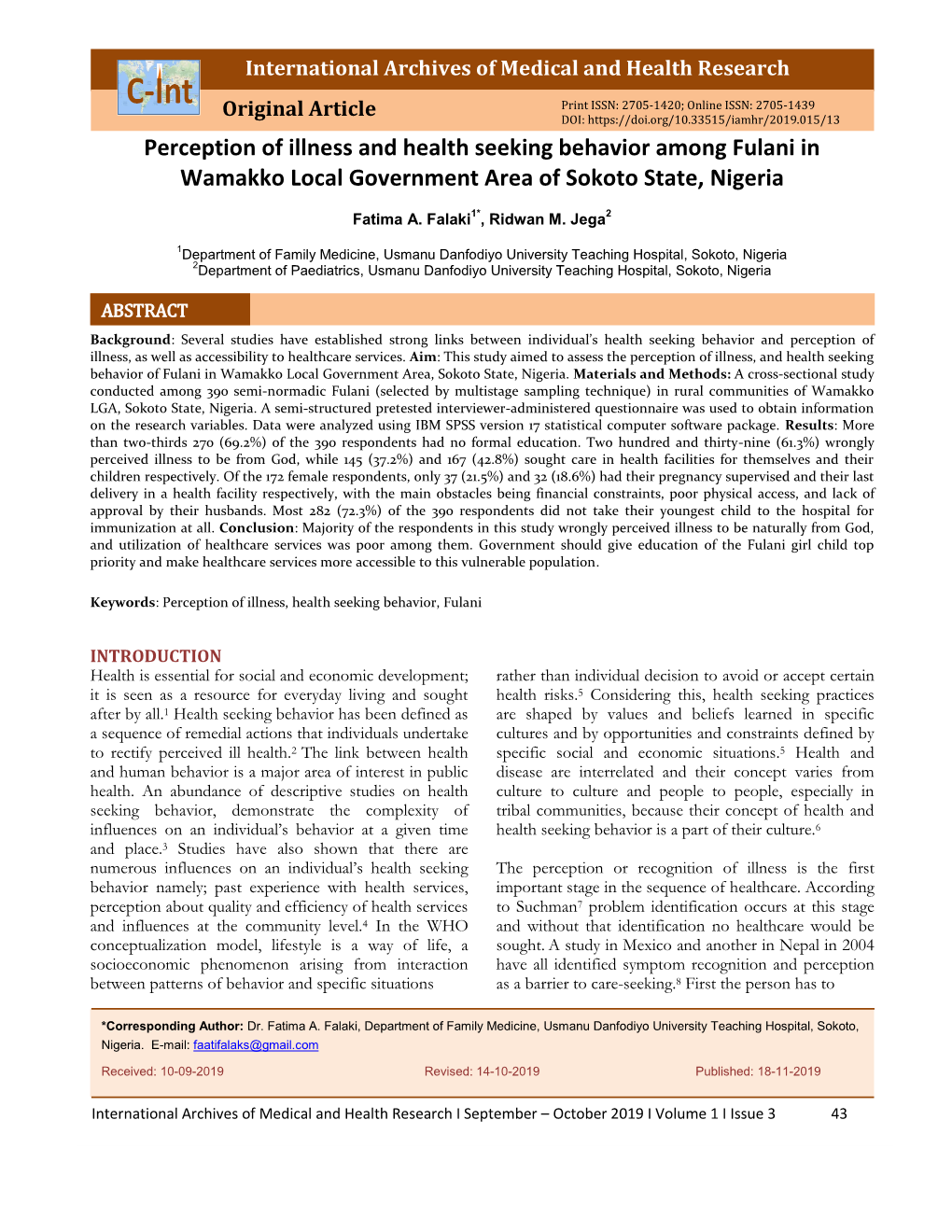 Perception of Illness and Health Seeking Behavior Among Fulani in Wamakko Local Government Area of Sokoto State, Nigeria