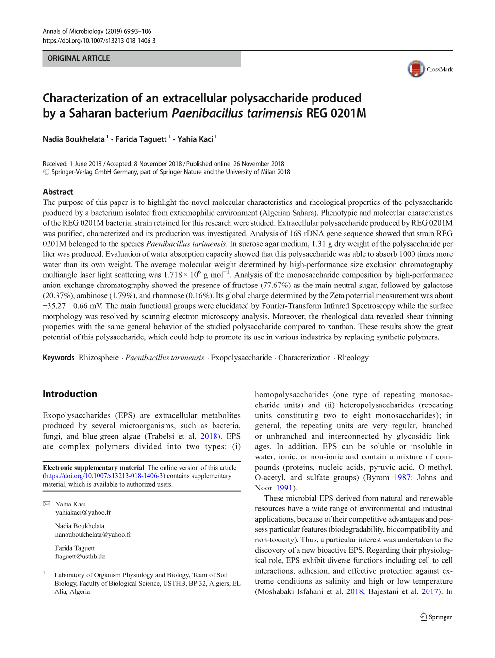 Characterization of an Extracellular Polysaccharide Produced by a Saharan Bacterium Paenibacillus Tarimensis REG 0201M