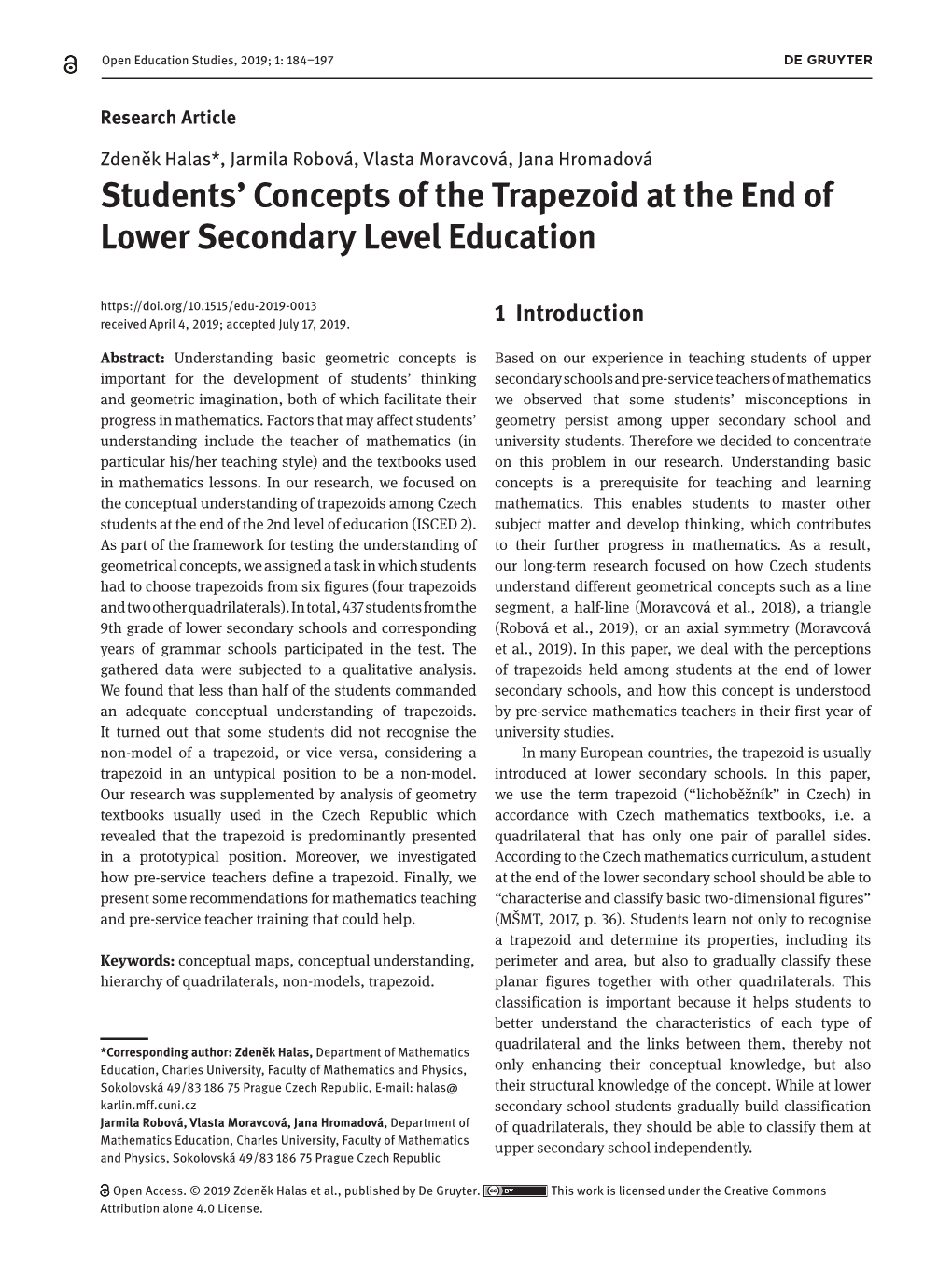 Students' Concepts of the Trapezoid at the End of Lower Secondary Level