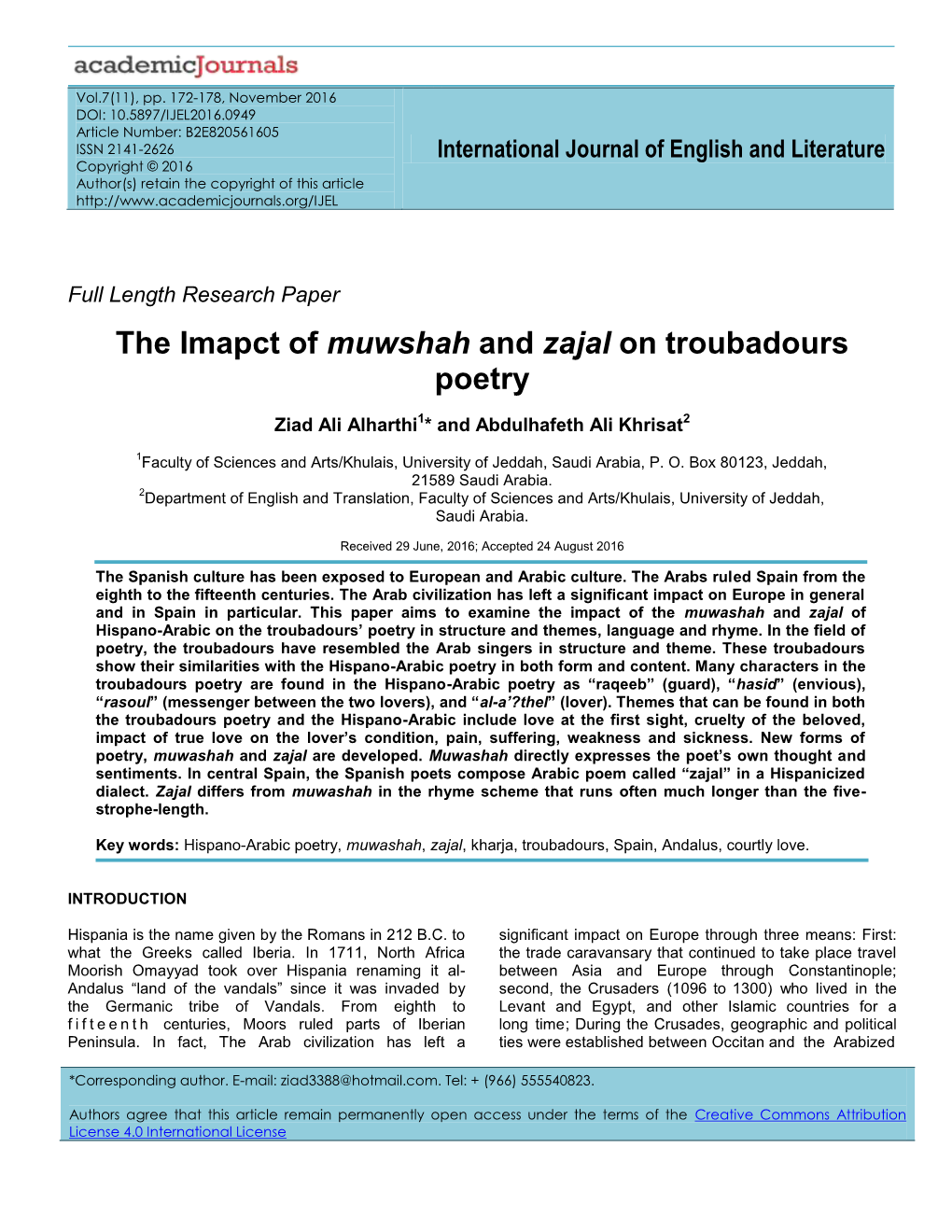 The Imapct of Muwshah and Zajal on Troubadours Poetry