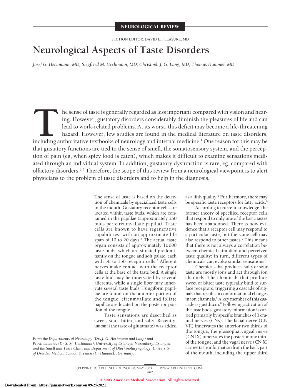 Neurological Aspects of Taste Disorders