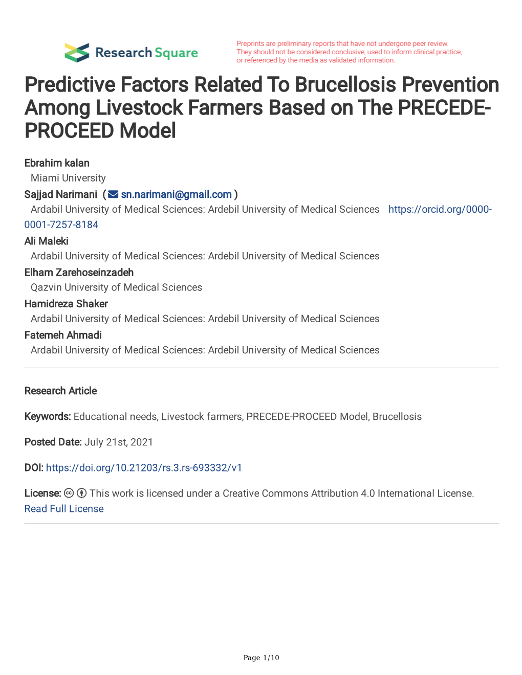 Predictive Factors Related to Brucellosis Prevention Among Livestock Farmers Based on the PRECEDE- PROCEED Model