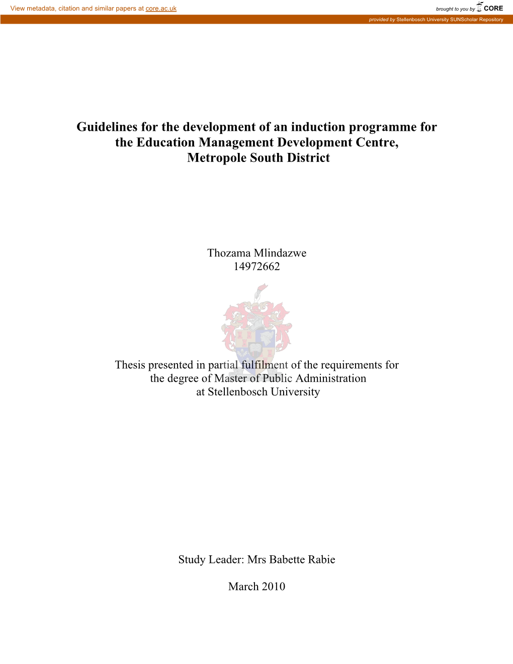 Guidelines for the Development of an Induction Programme for the Education Management Development Centre, Metropole South District