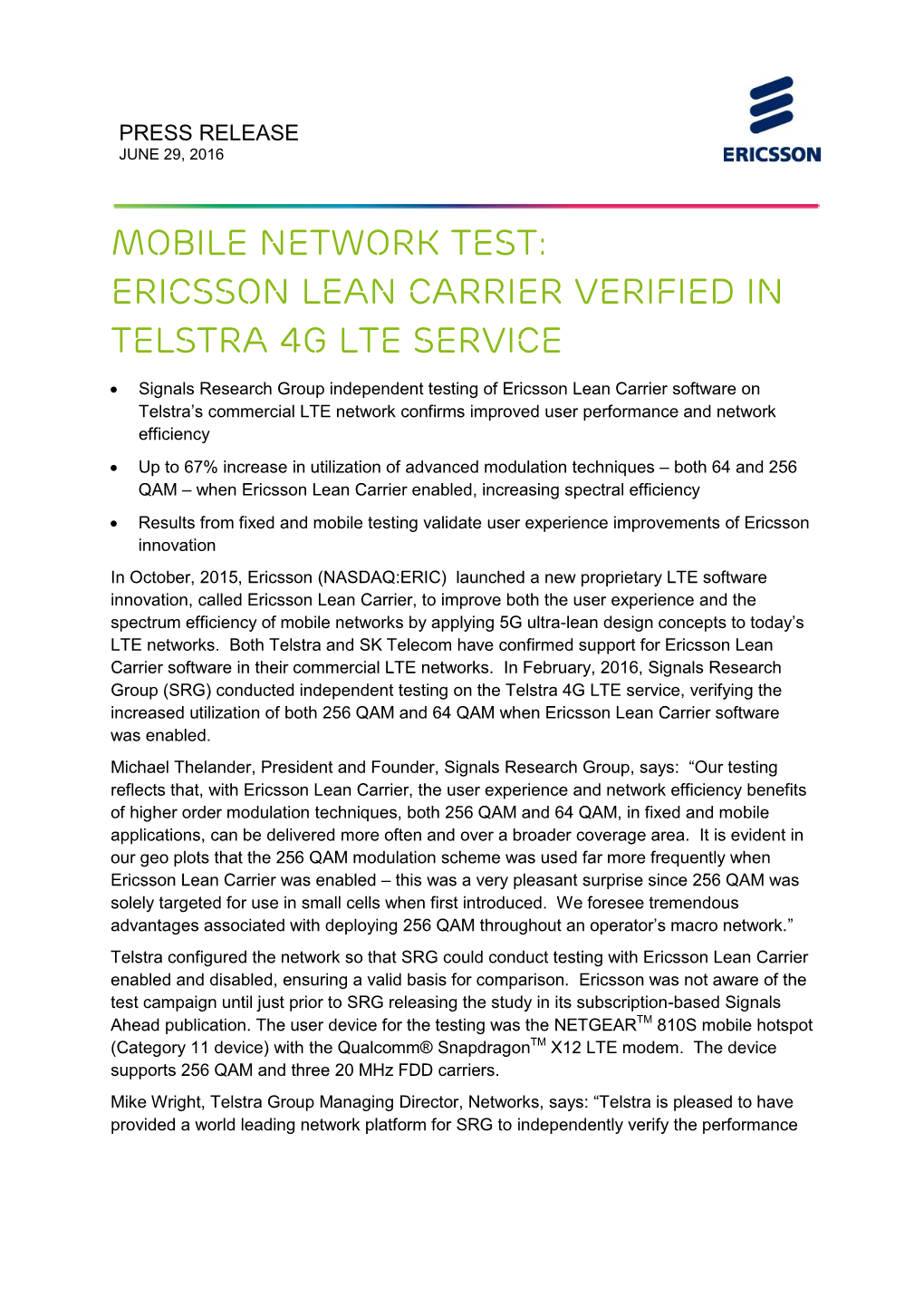 Press Release Ericsson