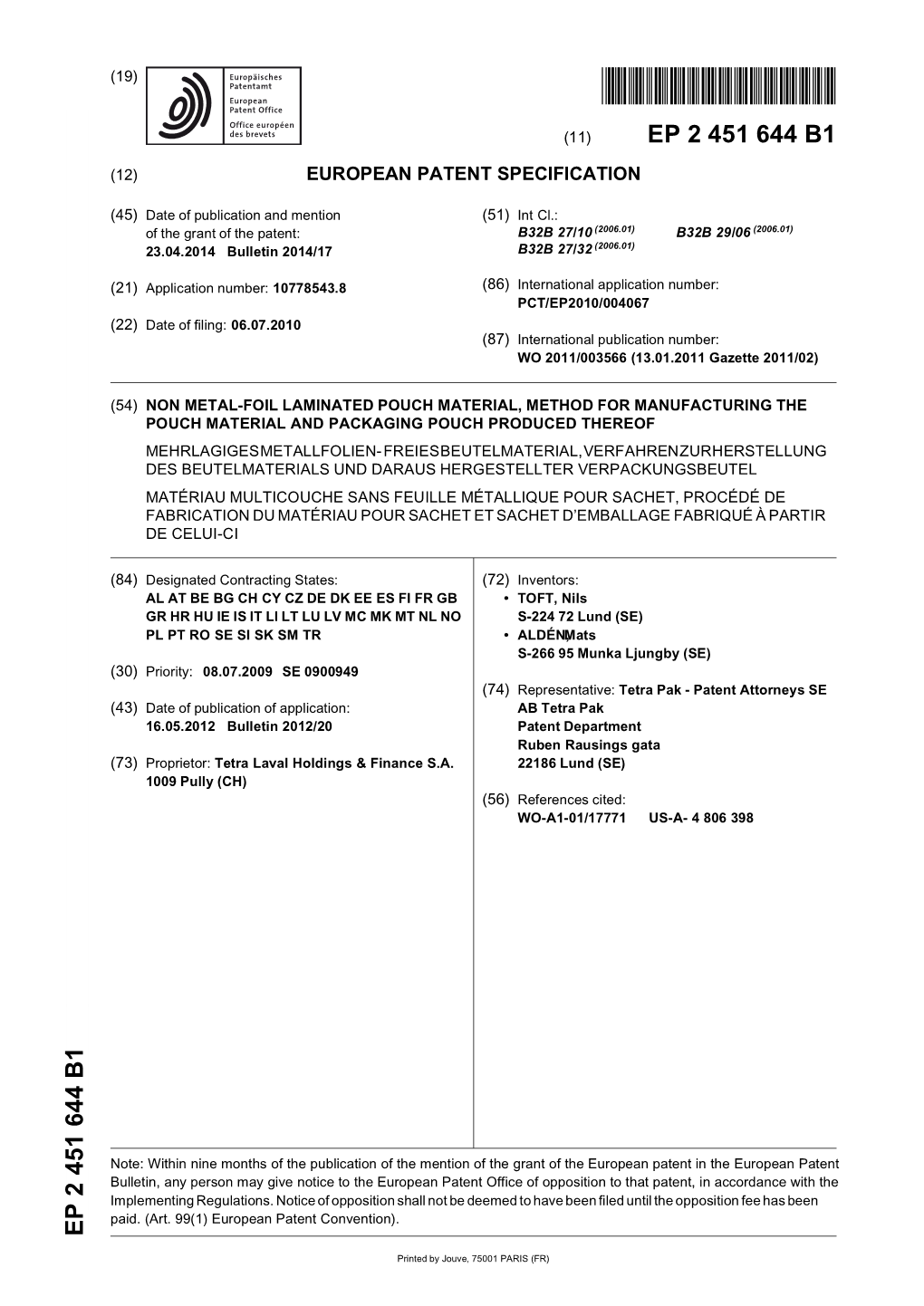 Non Metal-Foil Laminated Pouch Material, Method For