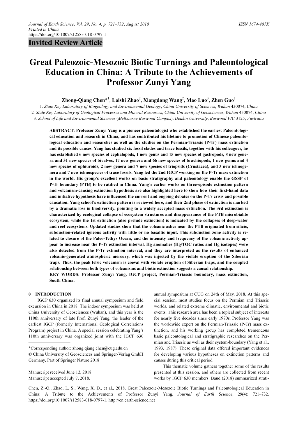 Great Paleozoic-Mesozoic Biotic Turnings and Paleontological Education in China: a Tribute to the Achievements of Professor Zunyi Yang