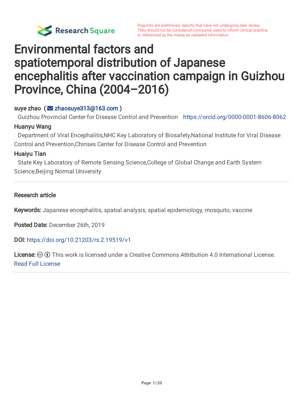 Environmental Factors and Spatiotemporal Distribution of Japanese Encephalitis After Vaccination Campaign in Guizhou Province, C