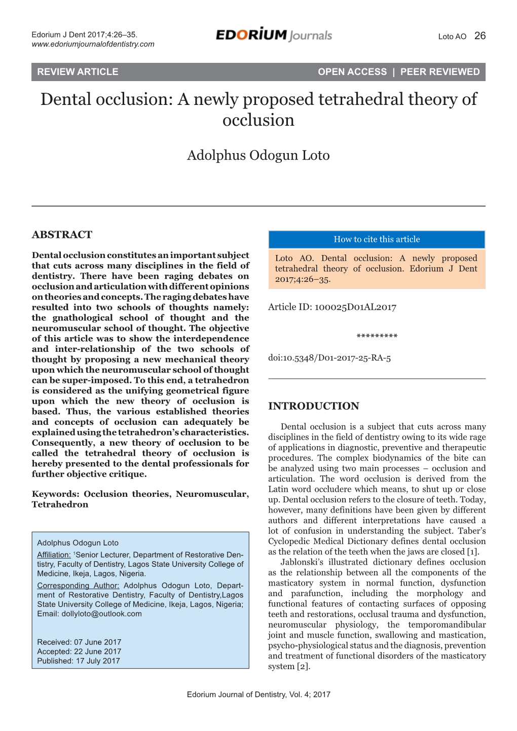 A Newly Proposed Tetrahedral Theory of Occlusion