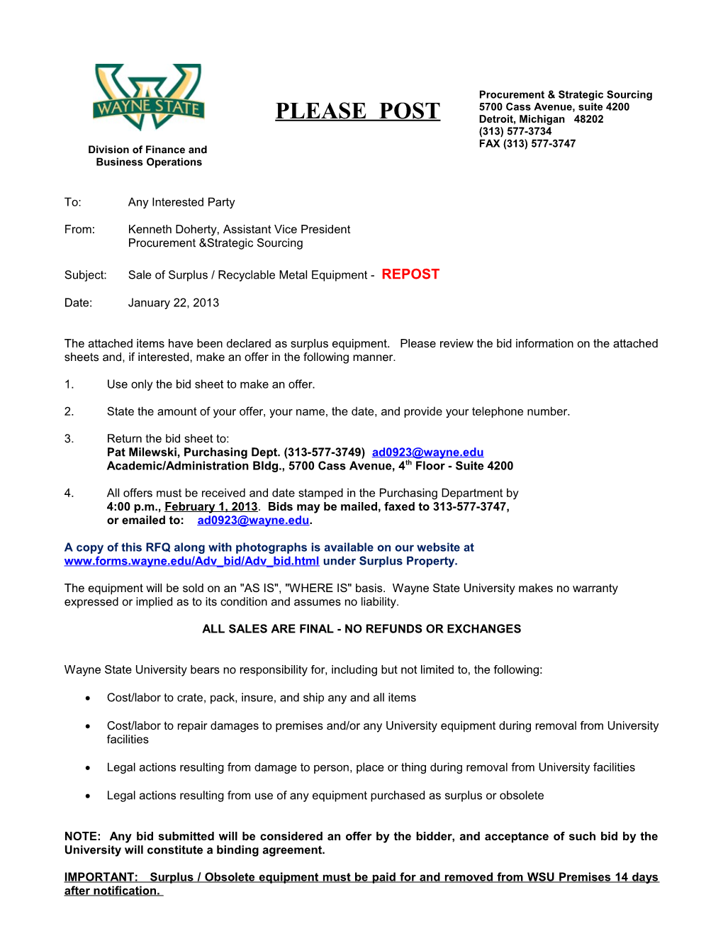 Subject: Sale of Surplus / Recyclable Metal Equipment - REPOST