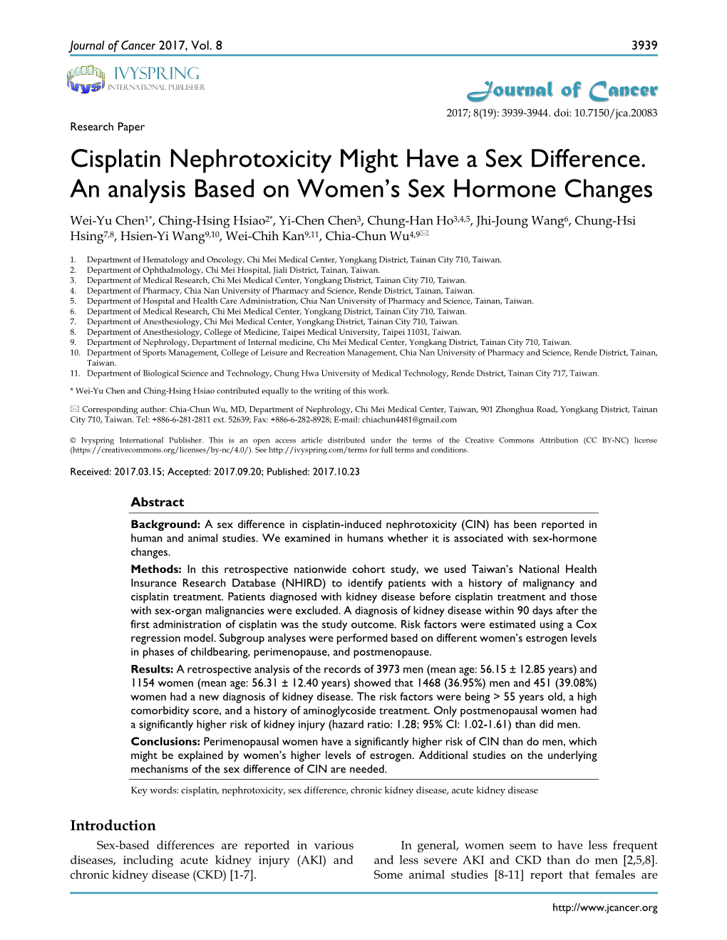 Cisplatin Nephrotoxicity Might Have a Sex Difference. an Analysis Based