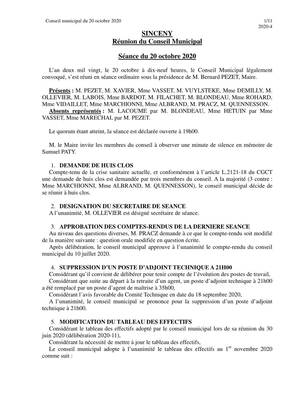 SINCENY Réunion Du Conseil Municipal Séance Du 20 Octobre 2020