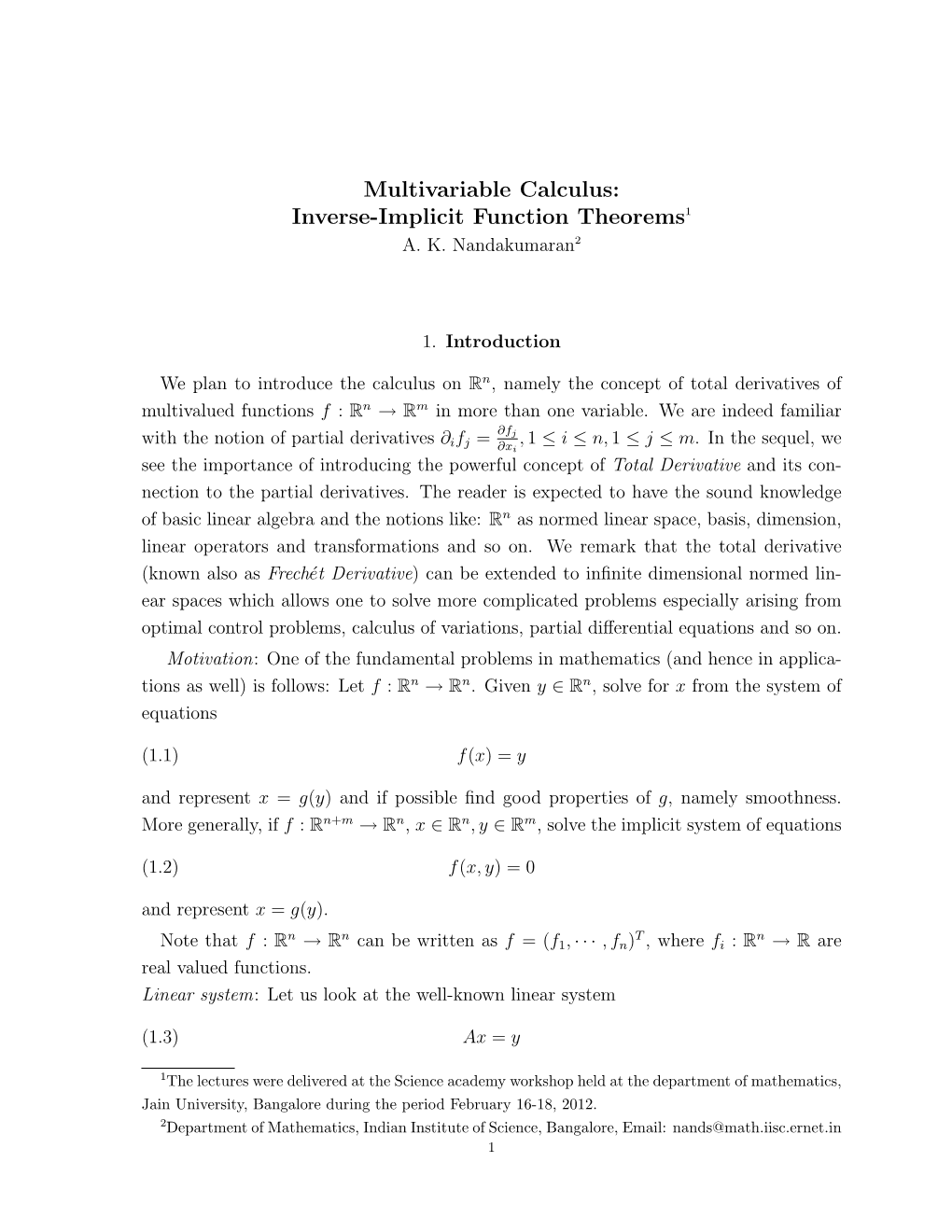 Multivariable Calculus: Inverse-Implicit Function Theorems1 A