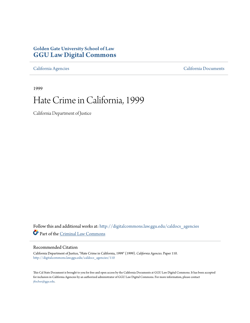 Hate Crime in California, 1999 California Department of Justice