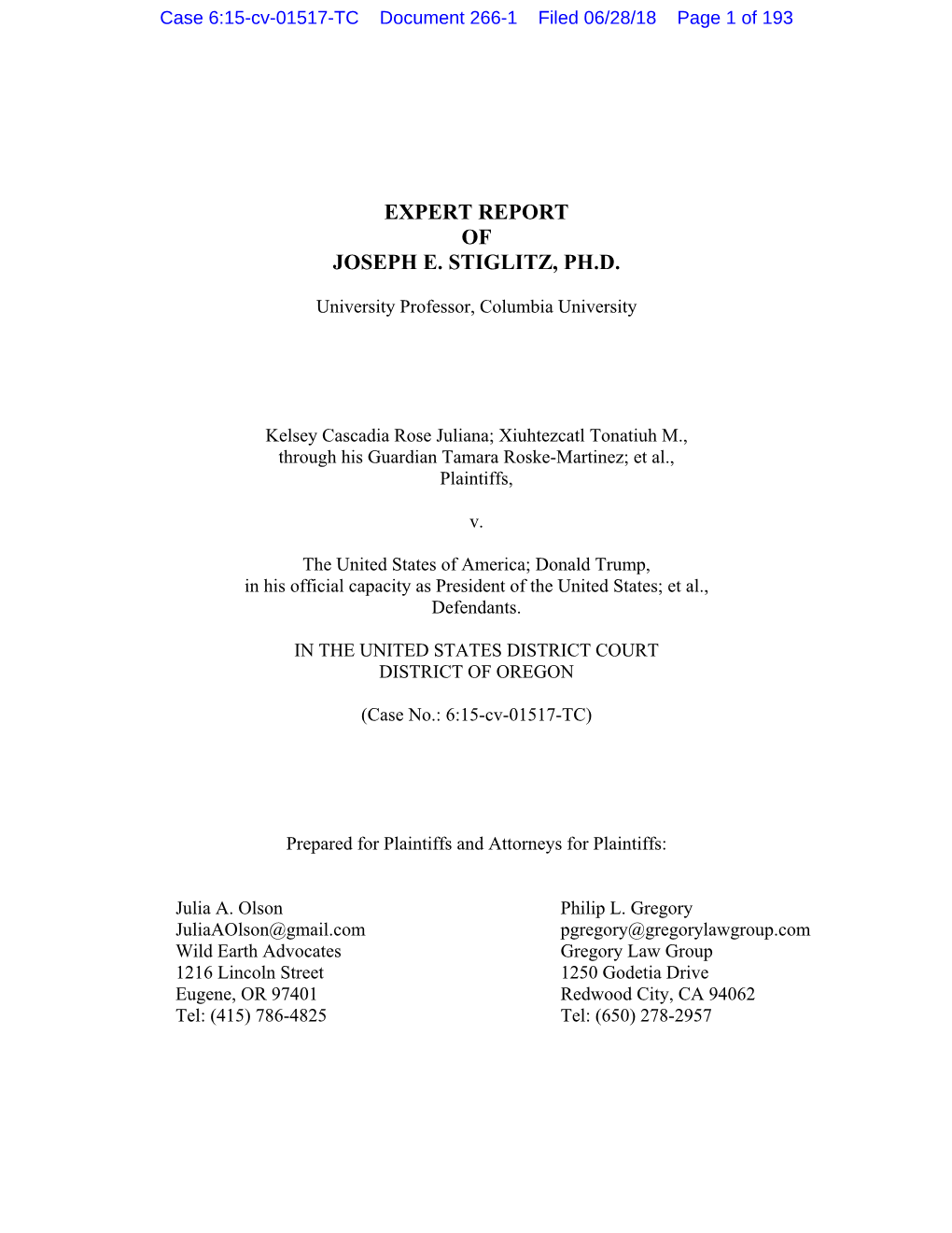 Expert Report of Joseph E. Stiglitz, Ph.D