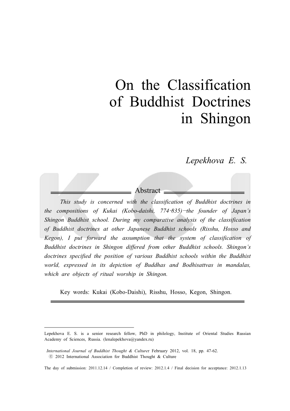 On the Classification of Buddhist Doctrines in Shingon
