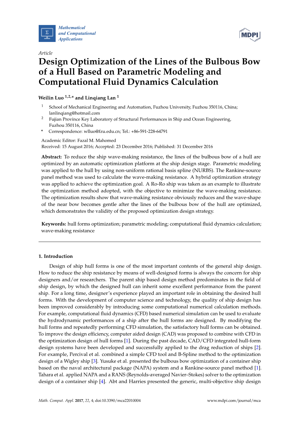 Design Optimization of the Lines of the Bulbous Bow of a Hull Based on Parametric Modeling and Computational Fluid Dynamics Calculation