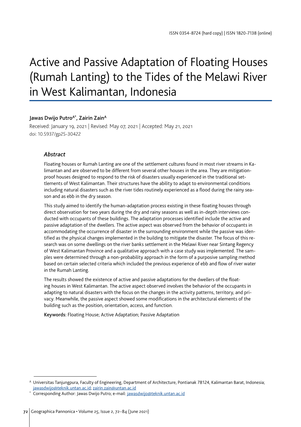 Active and Passive Adaptation of Floating Houses (Rumah Lanting) to the Tides of the Melawi River in West Kalimantan, Indonesia