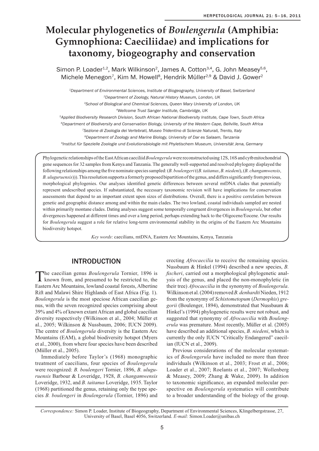 Molecular Phylogenetics of Boulengerula (Amphibia: Gymnophiona: Caeciliidae) and Implications for Taxonomy, Biogeography and Conservation