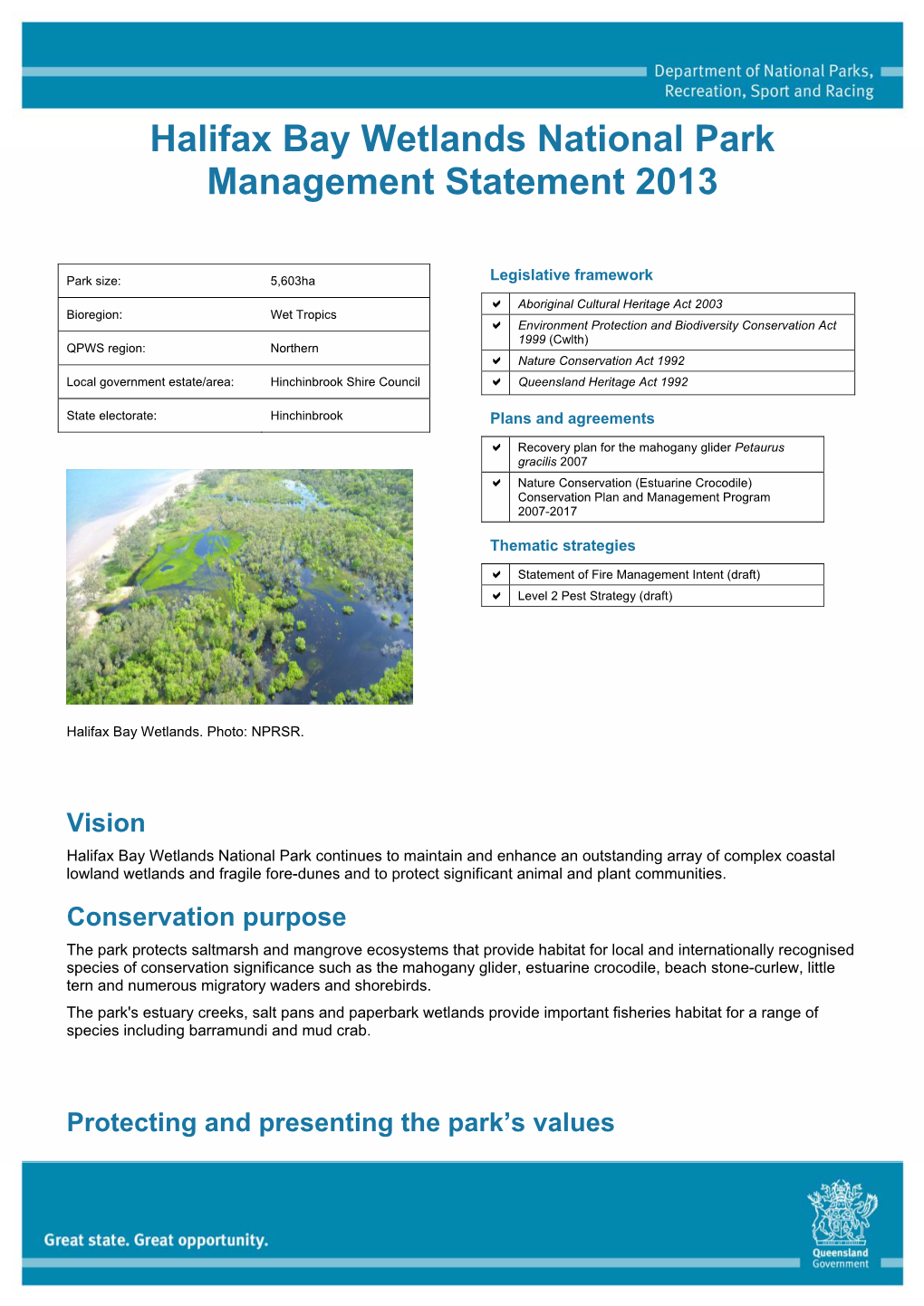 Halifax Bay Wetlands National Park Management Statement 2013