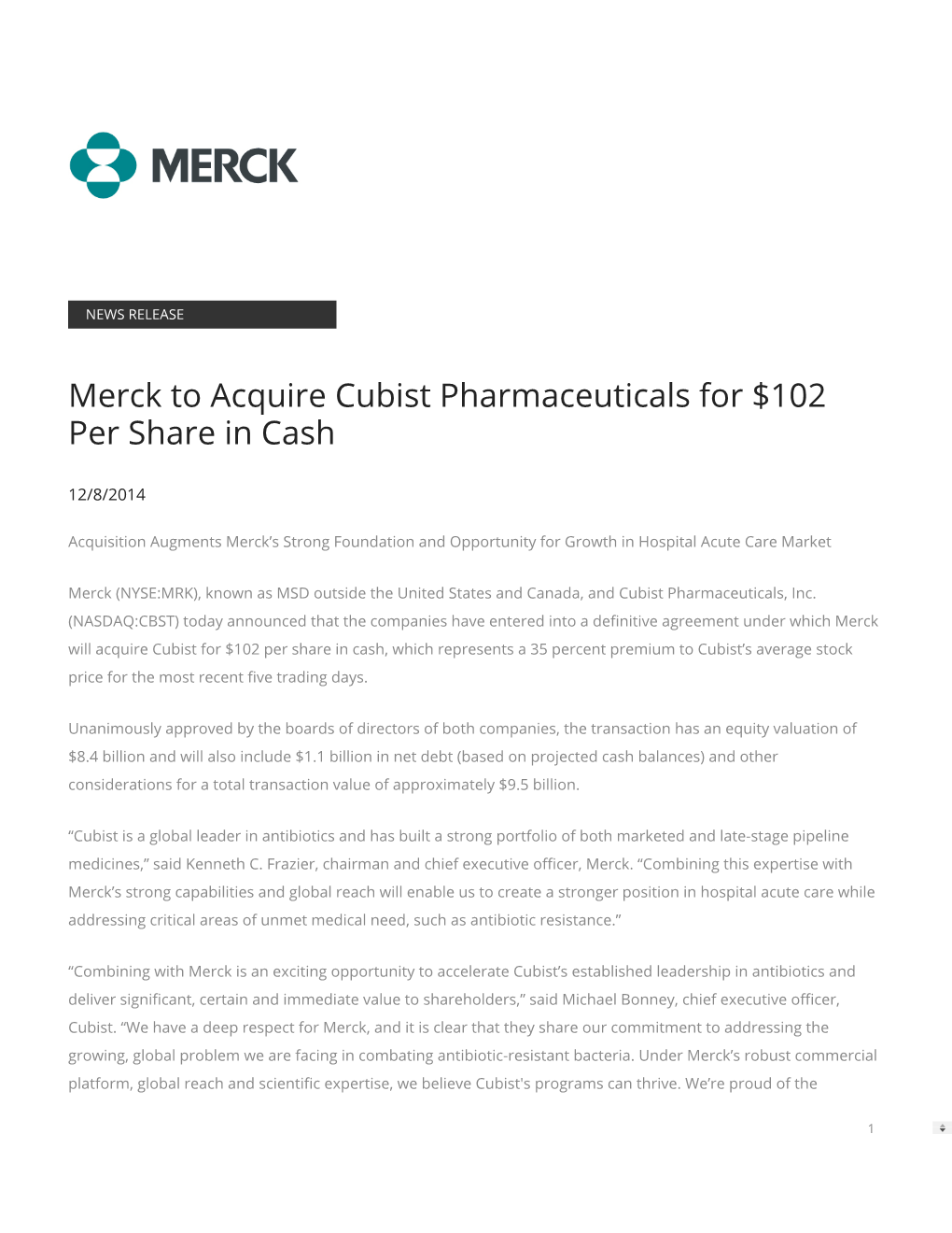 Merck to Acquire Cubist Pharmaceuticals for $102 Per Share in Cash