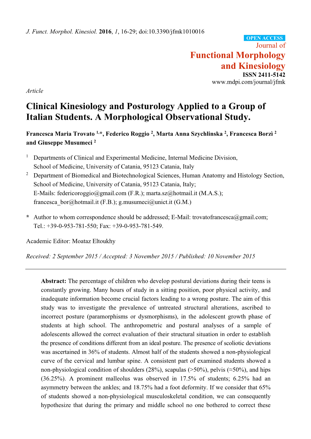 Clinical Kinesiology and Posturology Applied to a Group of Italian Students. a Morphological Observational Study