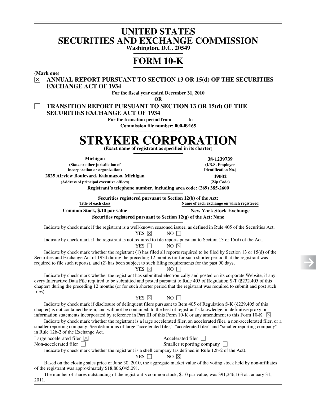 Stryker Corporation Form 10-K 2010