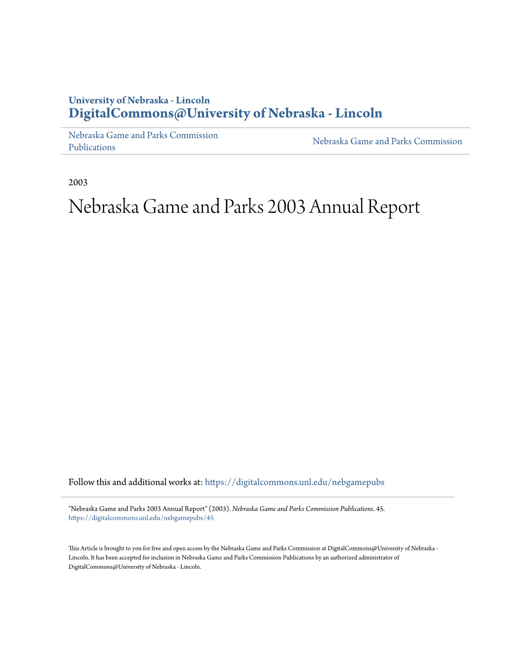 Nebraska Game and Parks 2003 Annual Report